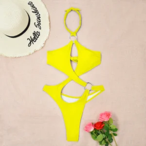Maillot de bain string 1 pièce échancré jaune