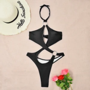 Maillot de bain string 1 pièce échancré noir