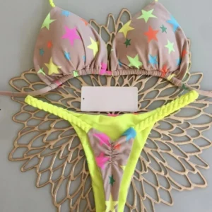 Maillot de bain string 2 pièces à étoiles marrons et jaunes