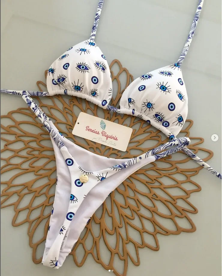 Maillot de bain string 2 pièces taille haute bleu à yeux