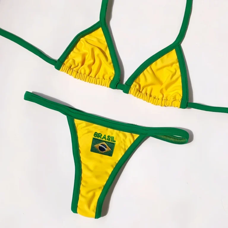 Maillot de bain string brésilien 2 pièces jaune et vert