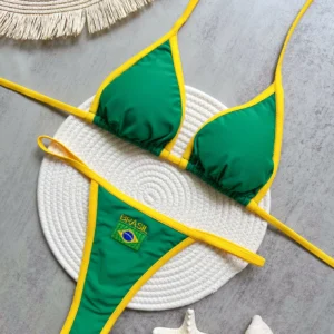 Maillot de bain string brésilien 2 pièces vert et jaune