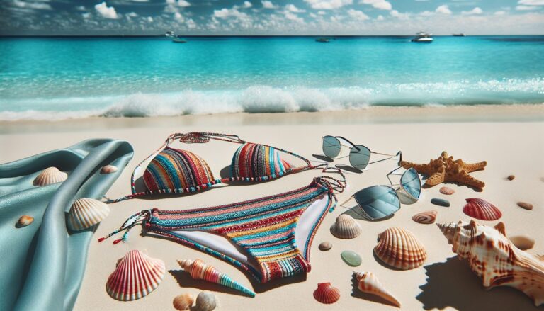 Maillot de bain string coloré, lunettes de soleil et coquillages sur une plage de sable fin, mer turquoise et ciel bleu.