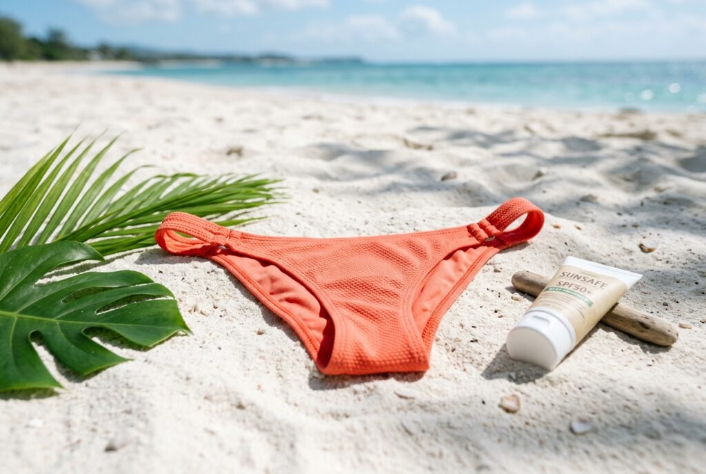 Maillot string anti-uv upf50 : protection plage tropicale - illustration