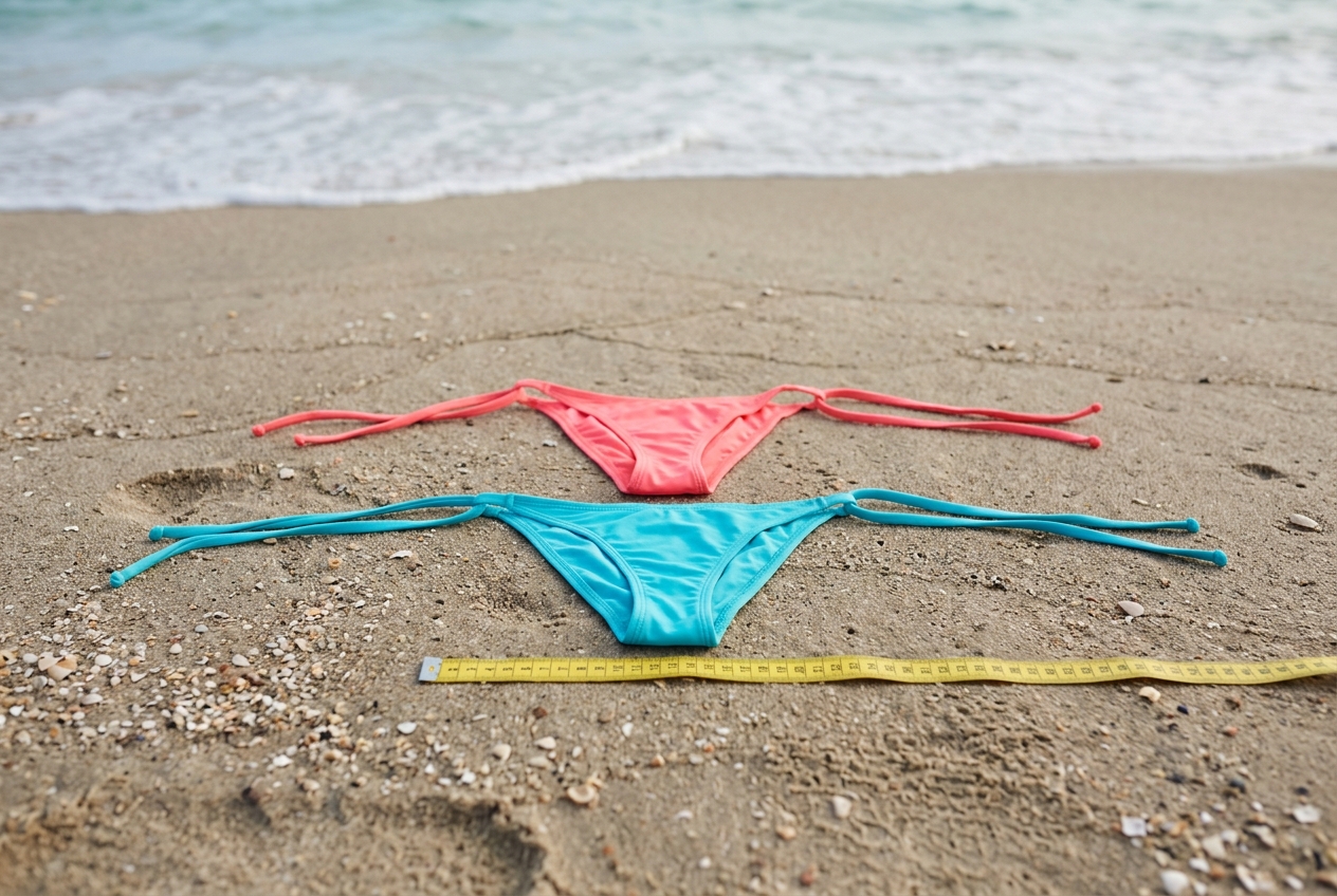 Maillot de bain trop petit à la plage - illustration